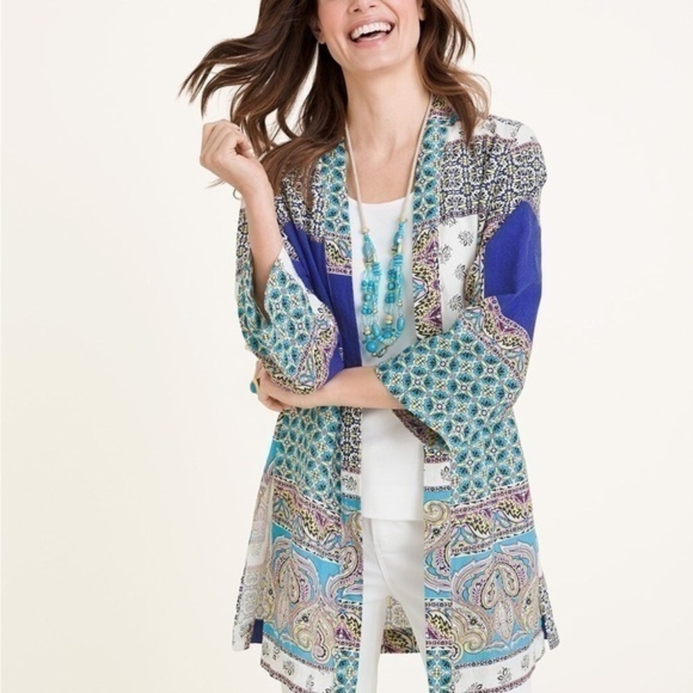 Chicos 3 US 16/18 XL 100% Linen‎ Patchwork Cardigan Jacket Blue Open Front